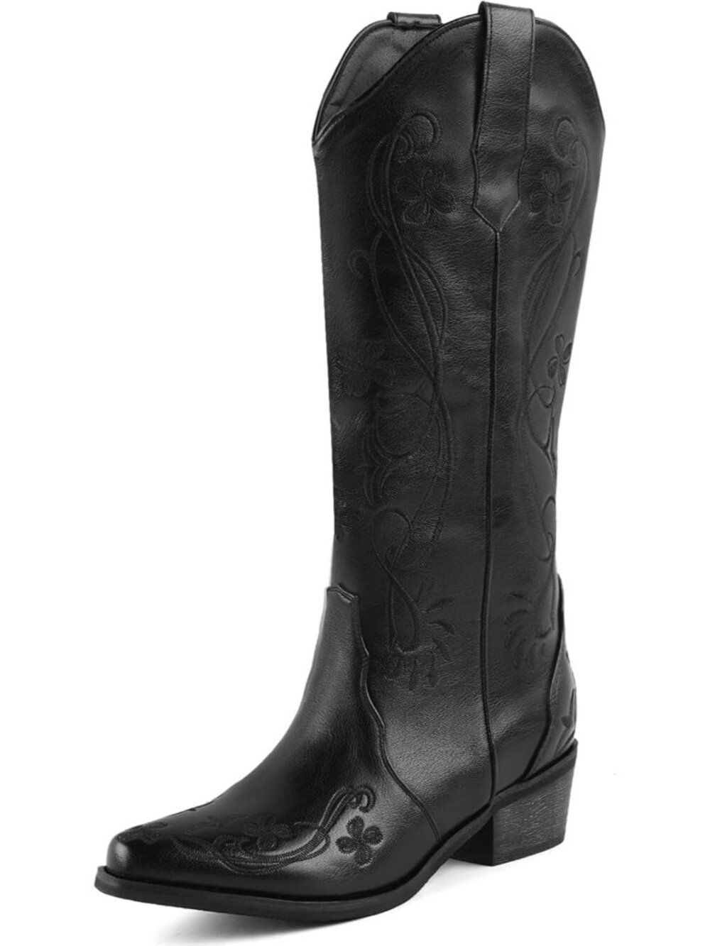 〽️Women's Knee-Calf Faux Fur Boot Black Faux Leather Pointed Toe Furry Heel